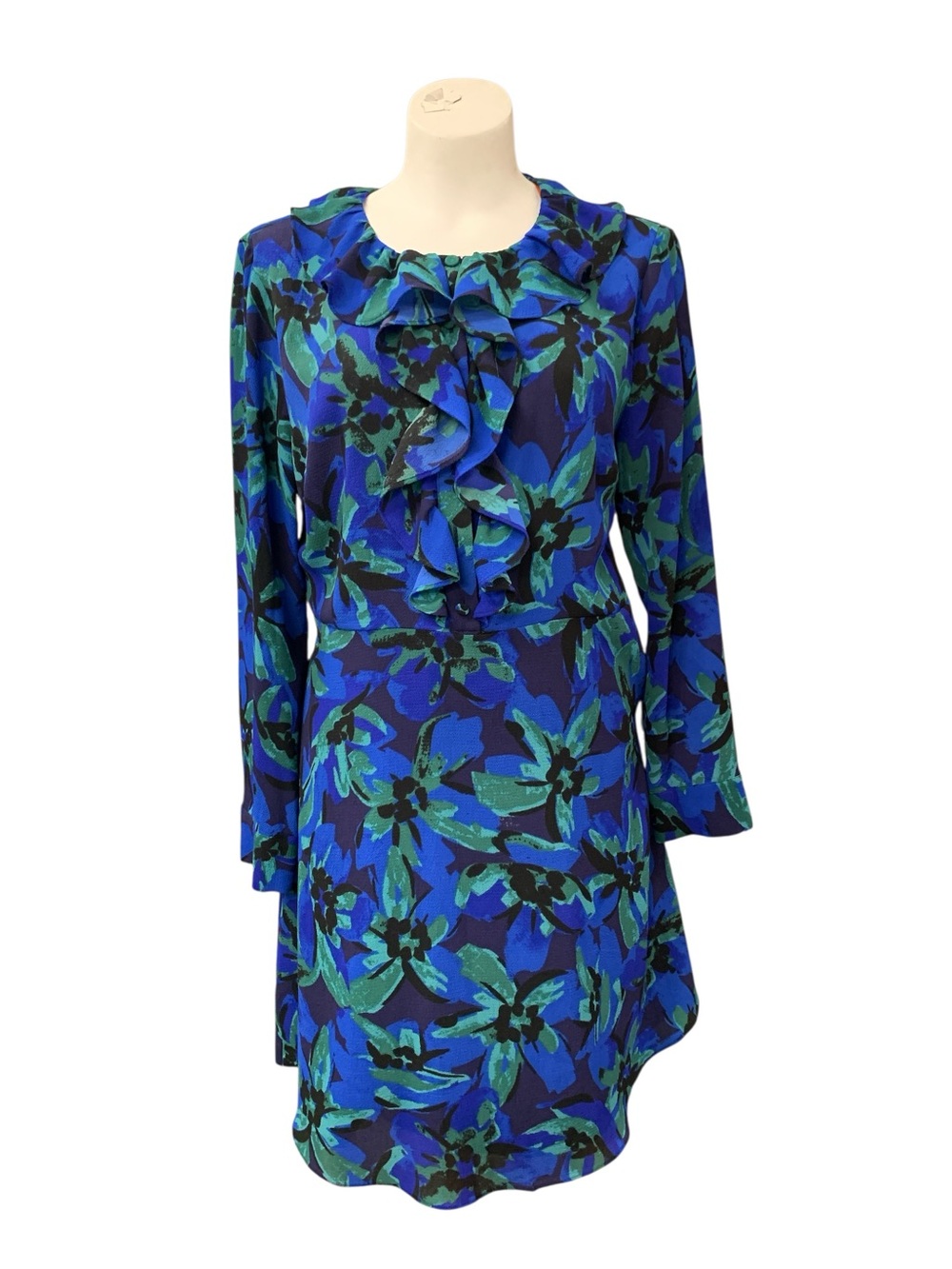 IMNYC Long-Sleeve Blue & Green Floral Ruffle-Neck Dress Size M